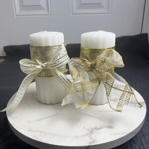 Lot of 2 Vintage Endless Possibilities Christmas Gold Ribbon Candles 6” Holiday